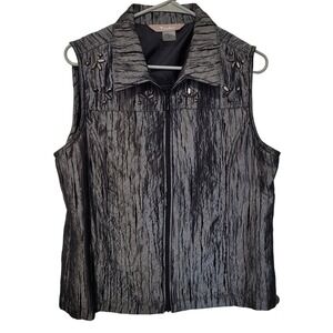 TanJay Womens Silver Metallic Crinkle Vest Beaded Collar Full Zip Size 8